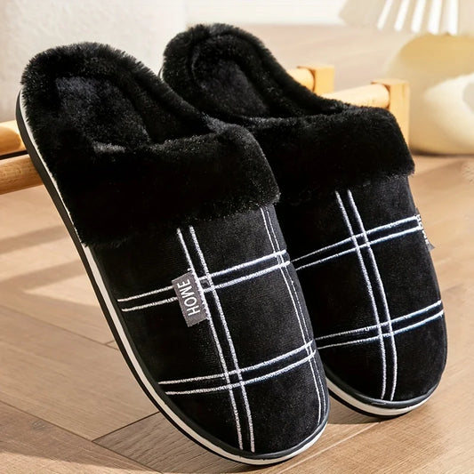 Men's Plaid Memory Cotton Plush Indoor Slippers 48-49