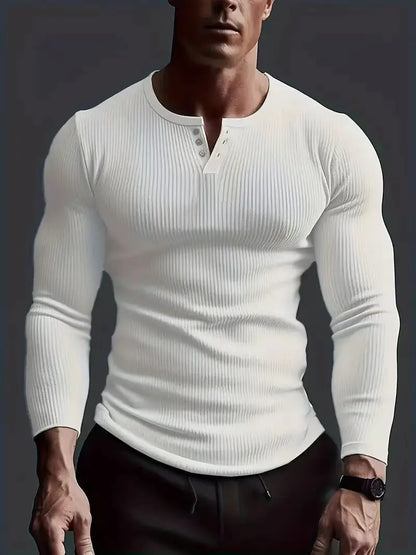 Men's Collarless Button-Front Knit Shirt Plus Size Long Sleeve Elastane