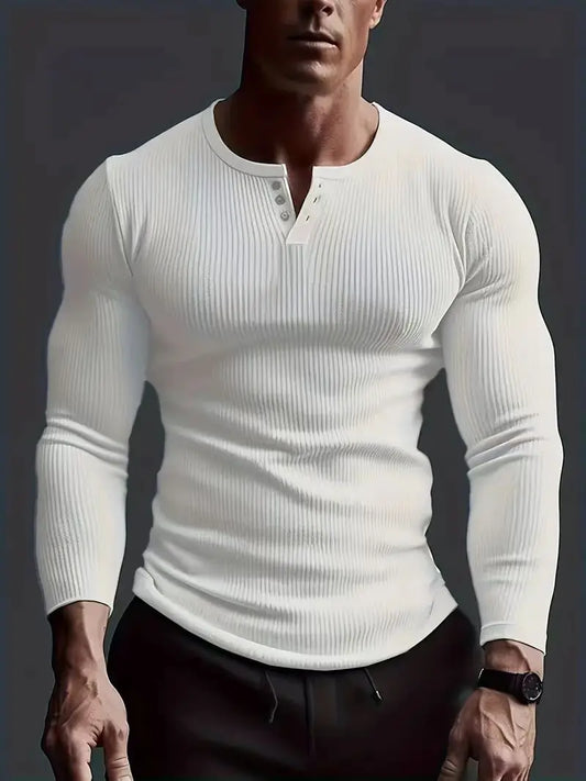Autumn Men's Collarless Breasted Henry Shirt Top Fitness High Stretch Base Shirt Solid Color Plus Size Casual Long Sleeve