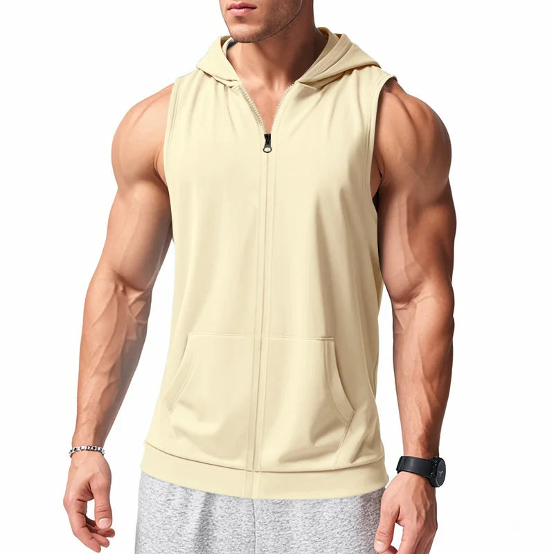 Summer Men's Hooded Zipper Tank Tops Casual Fitness Sports Vest Fashion Zipper Sleeveless Cardigan Tees Tops Male running Vest