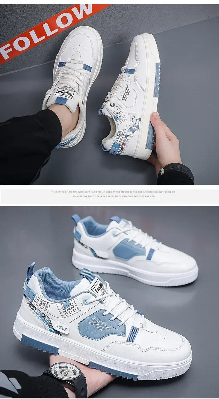 Men's Breathable White Casual Sneakers With Thick Sole