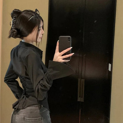 Women's Slim White Polyester Bell Sleeve Blouse Top