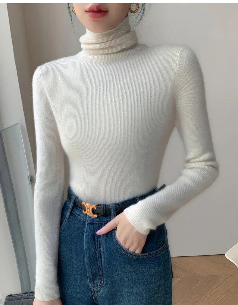 Women Long Sleeve Knitted Pullover Solid Casual Slim Sweater 2025 Autumn Winter Turtleneck Warm Jumper Simple Base Layer Top