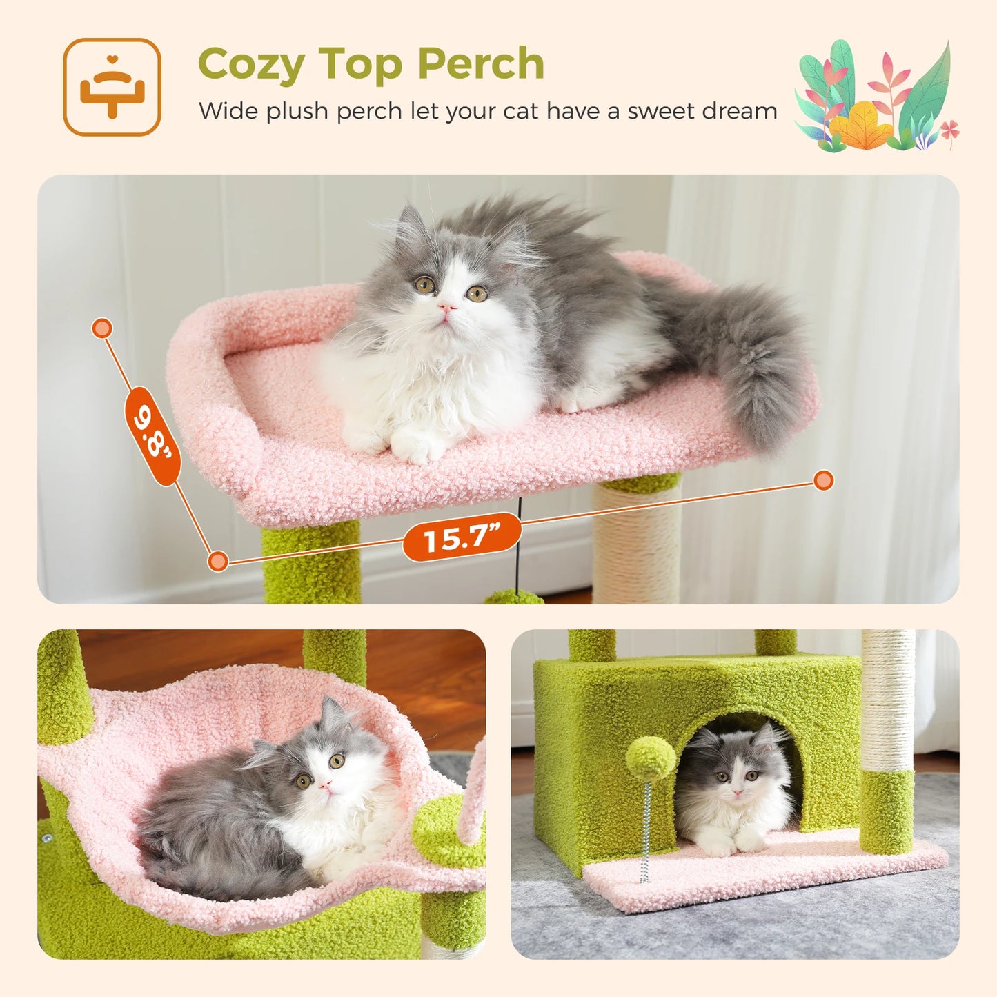 Small Cat Tree with Cozy Condo Hammock Top Perch Cat Scratching Post for Indoor Multi-Level Cat Tower Cat Scratcher Kitten Toys