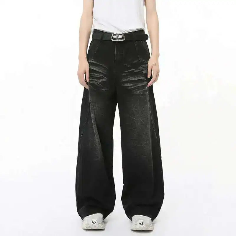 IEFB High Street Men's Jeans Casual Washed Whiskers Solid Color Loose Trendy Straight Wide Leg Male Denim Pants Autumn 9C7862
