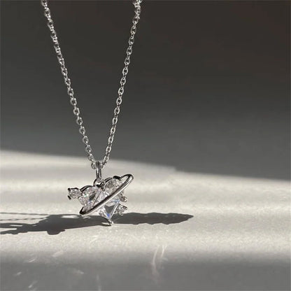 Pink Planet Heart Zircon Pendant Necklace Zinc Alloy For Women