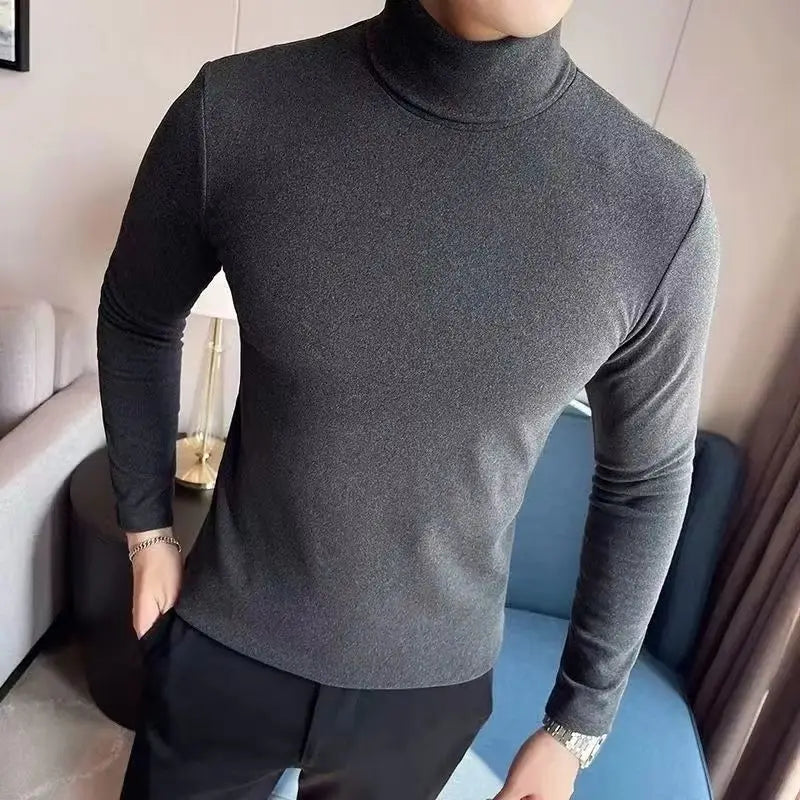 New Men Fashion T Shirt Tees Slim Tops Male Stretch T-shirt Turtleneck Long Sleeve Tee Shirts High Collar Men's Tees