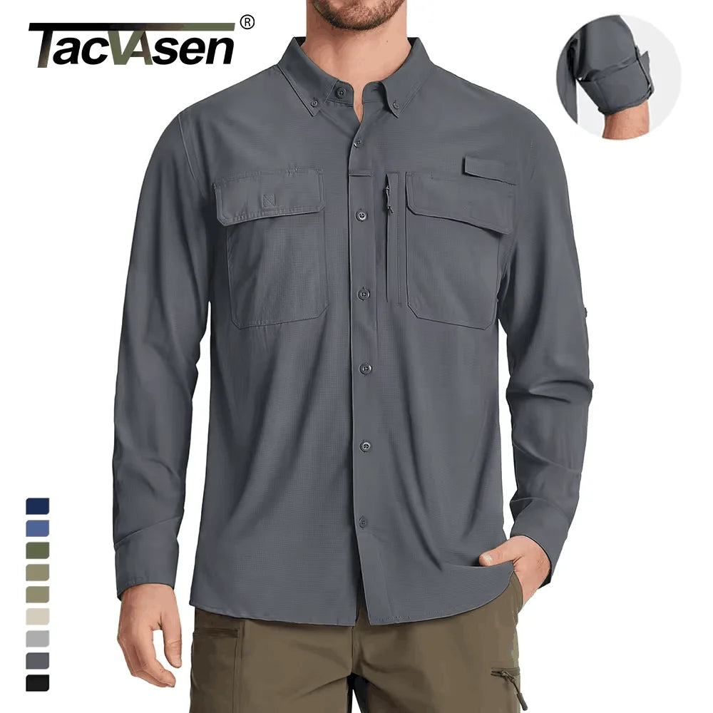 TACVASEN UPF 50+ Sun Protection Fishing Shirts Men's Quick Dry Long Sleeve Shirts Mesh Breathable Hiking Work Cargo Shirts
