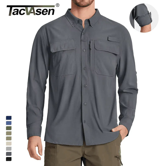 TACVASEN UPF 50+ Sun Protection Fishing Shirts Men's Quick Dry Long Sleeve Shirts Mesh Breathable Hiking Work Cargo Shirts