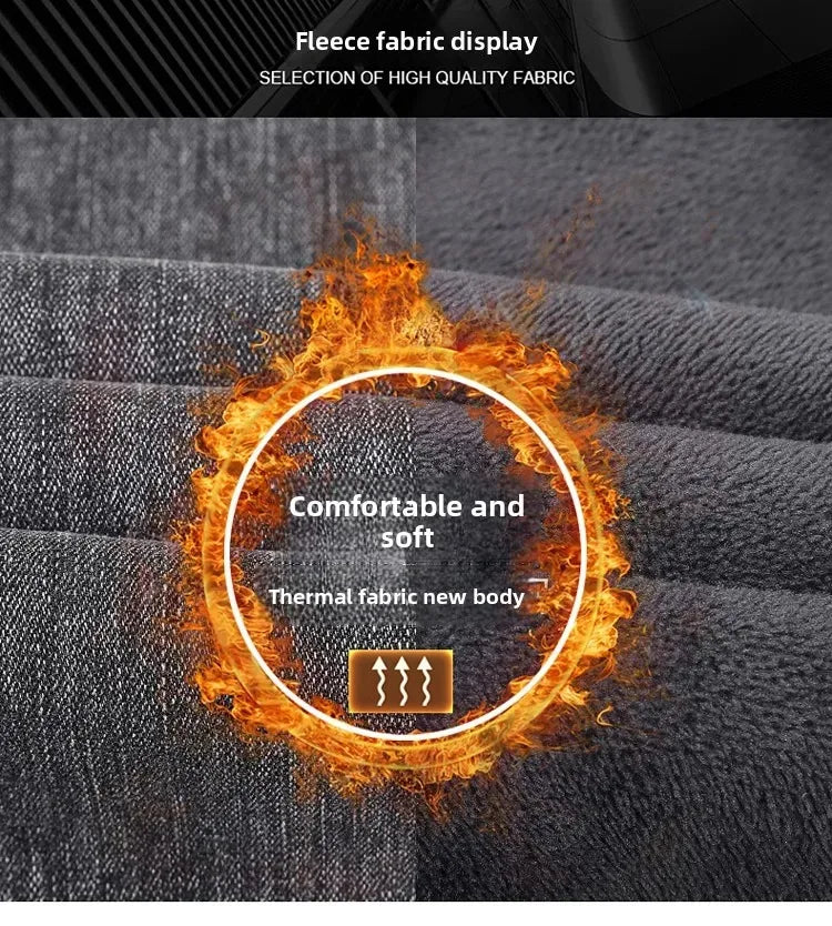 Plus Size Men's Black Straight Stretch Denim Jeans With Fleece Lined Warm Velvet