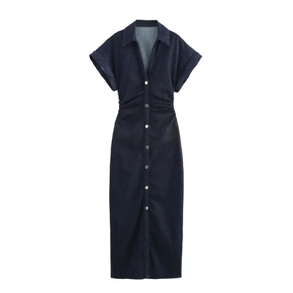 Denim Midi Dress For Women With Lapel And Side Zipper
