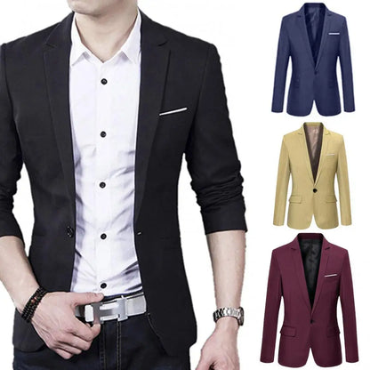 Men's Formal Slim Fit One-Button Lapel Suit Jacket Long Sleeve Polyester