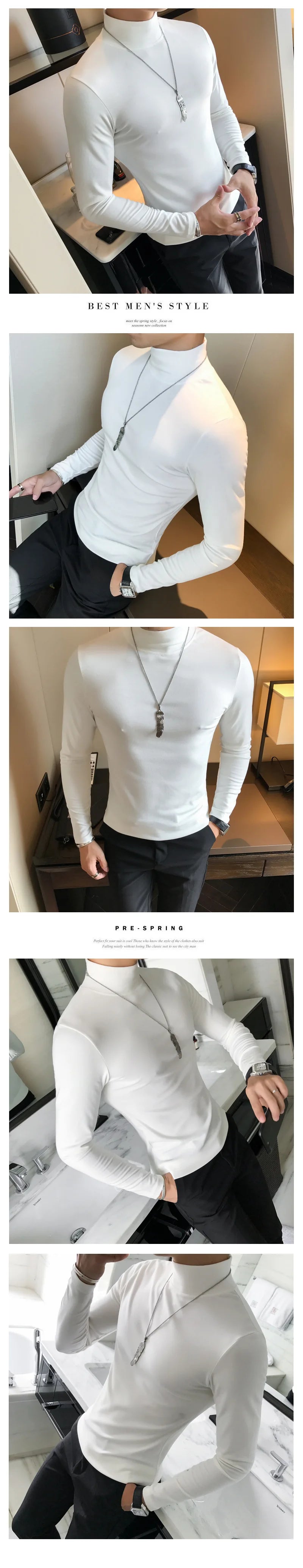 Spring New Men's Turtleneck T-shirt Long Sleeve Slim Fit Solid Color High Elastic Bottoming Pullovers Basic Style Male Tops