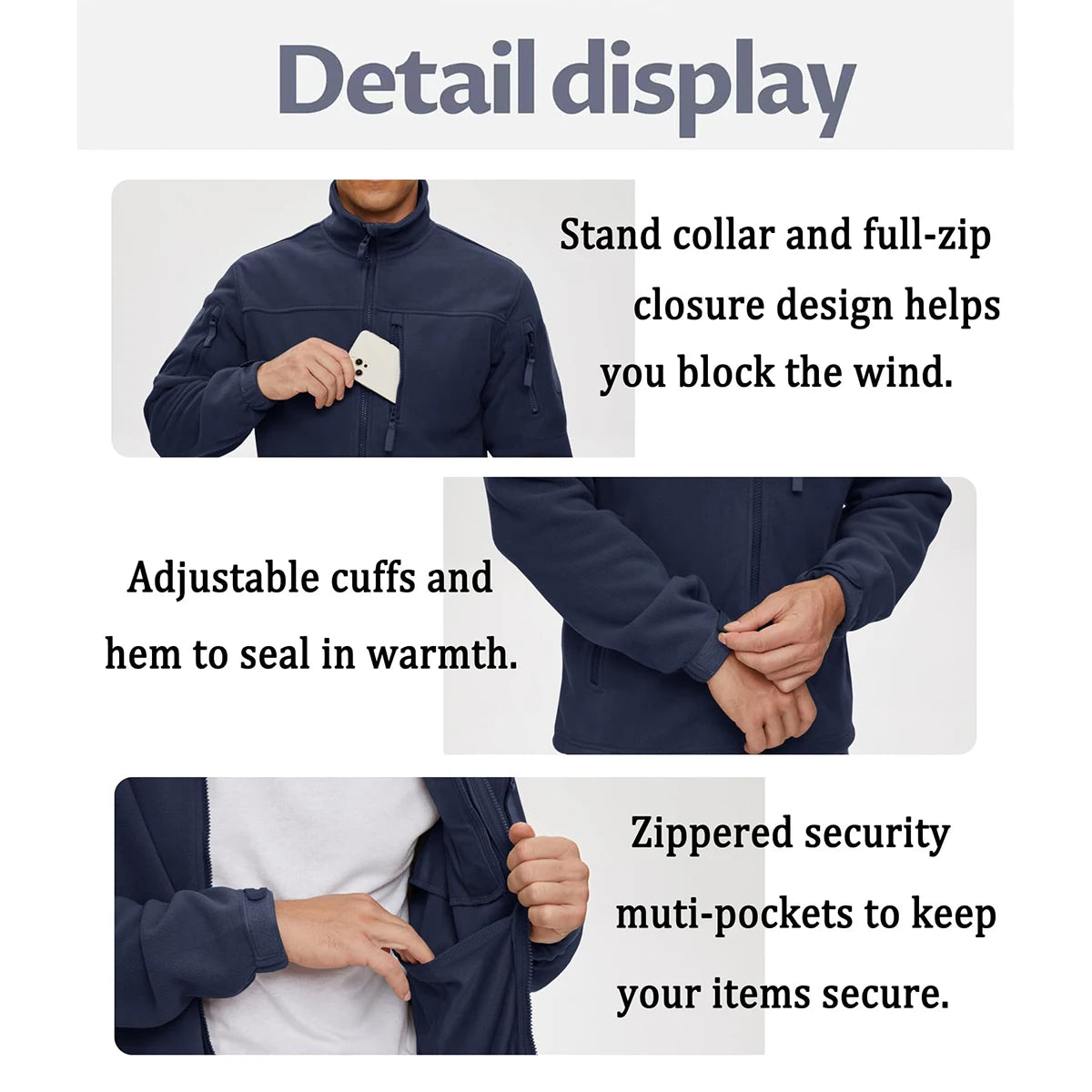 TACVASEN Men's Fleece Jacket Soft Warmth Windproof Full Zip Up Coat Multiple Zipper Pockets Hiking Working Outdoors Windbreaker