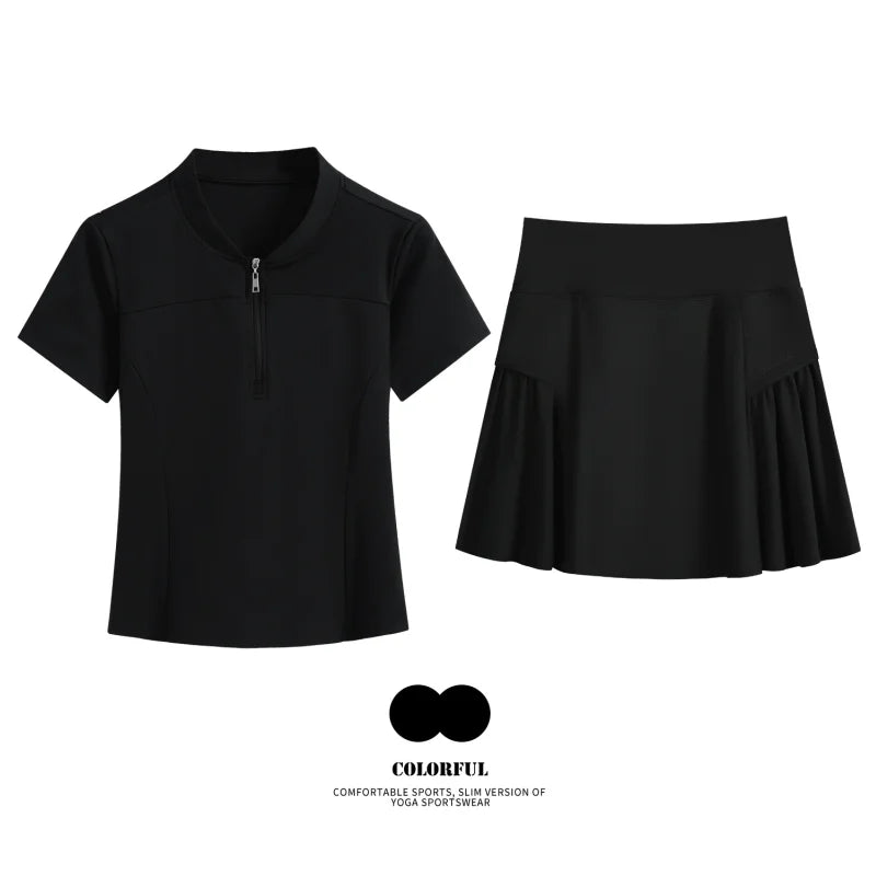 DRUR Women Tennis Skirt Set Summer Slim Fit Lightweight Gym Outfit 2 Piece Sport Top Skort Suit 2pcs Tracksuit Ladies Golf Wear