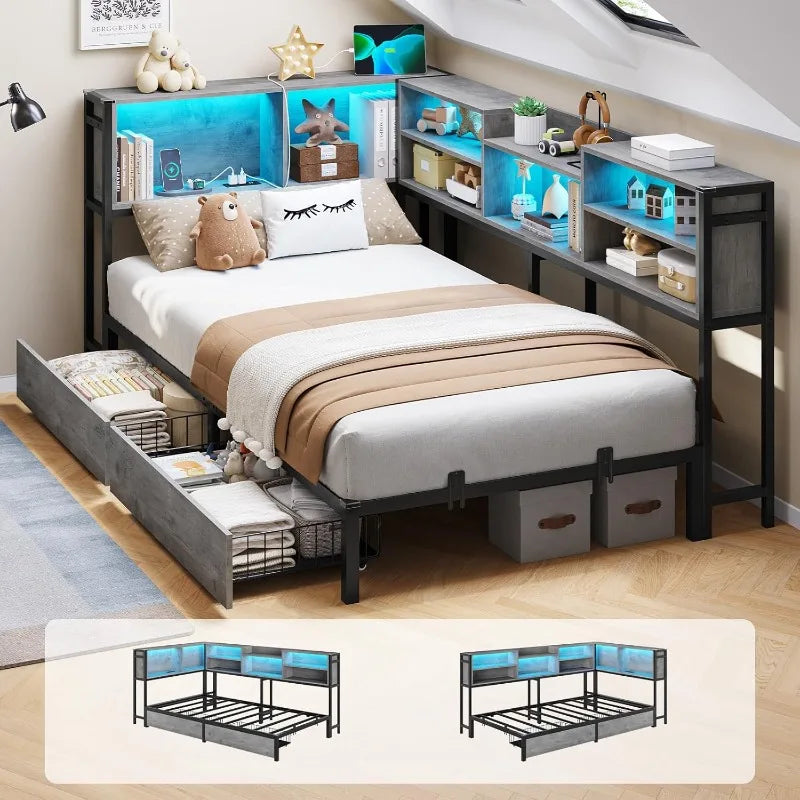 Corner Twin Bed Frame with Bookcase Storage and Led Lights Metal Platform Beds with 2 Drawers and Charging Station Twin S