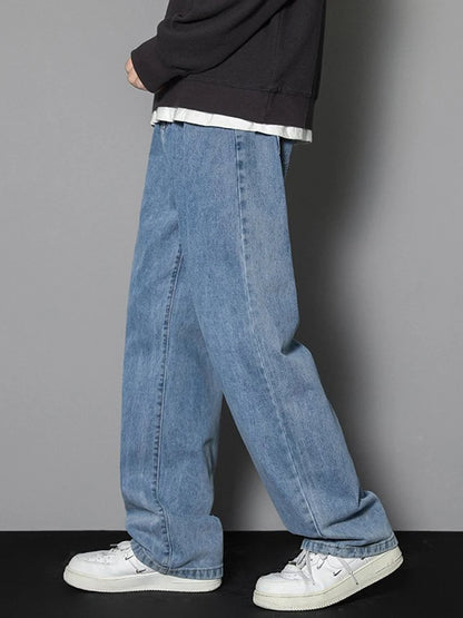 Men Denim Jeans Loose-Fit Casual Wide-Leg Light Blue Grey Black
