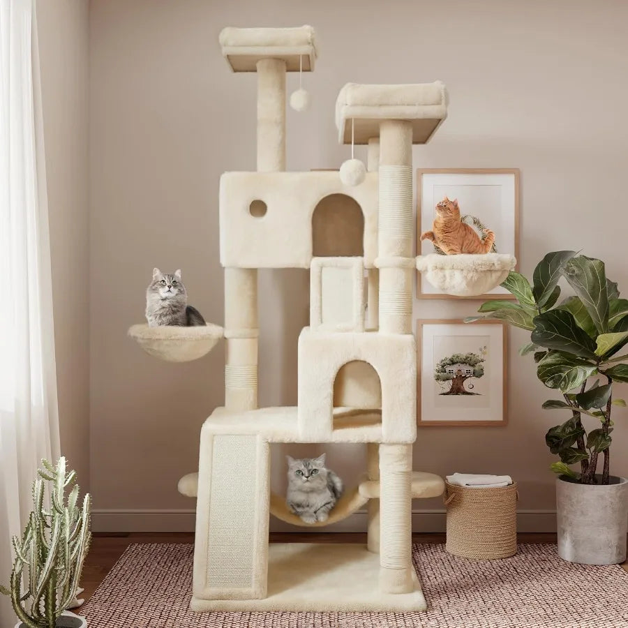 65in Larger Cat Tree Tower Condo for Indoor Kitties/Multi-Level Furniture Activity Center with Wide Base/Cozy Plush Cat Perches