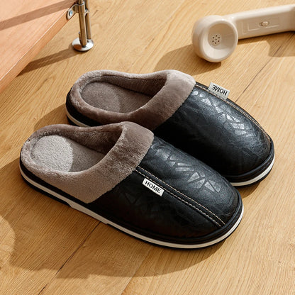 Men's PU Leather Slippers Indoor Waterproof Fur Flat Winter Home Shoes