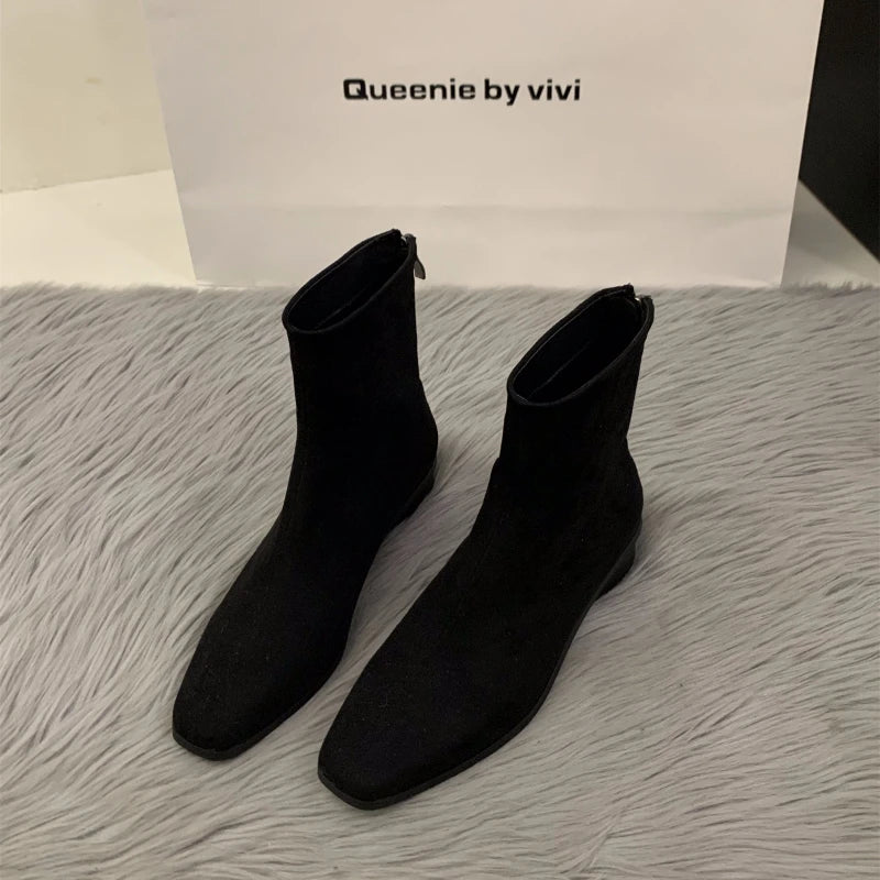 Autumn New Women Fashion Suede Ankle Boots Top Quality Woman Back Zipper Low-Heeled Shoes Ladies Elegant Morder Short Boots