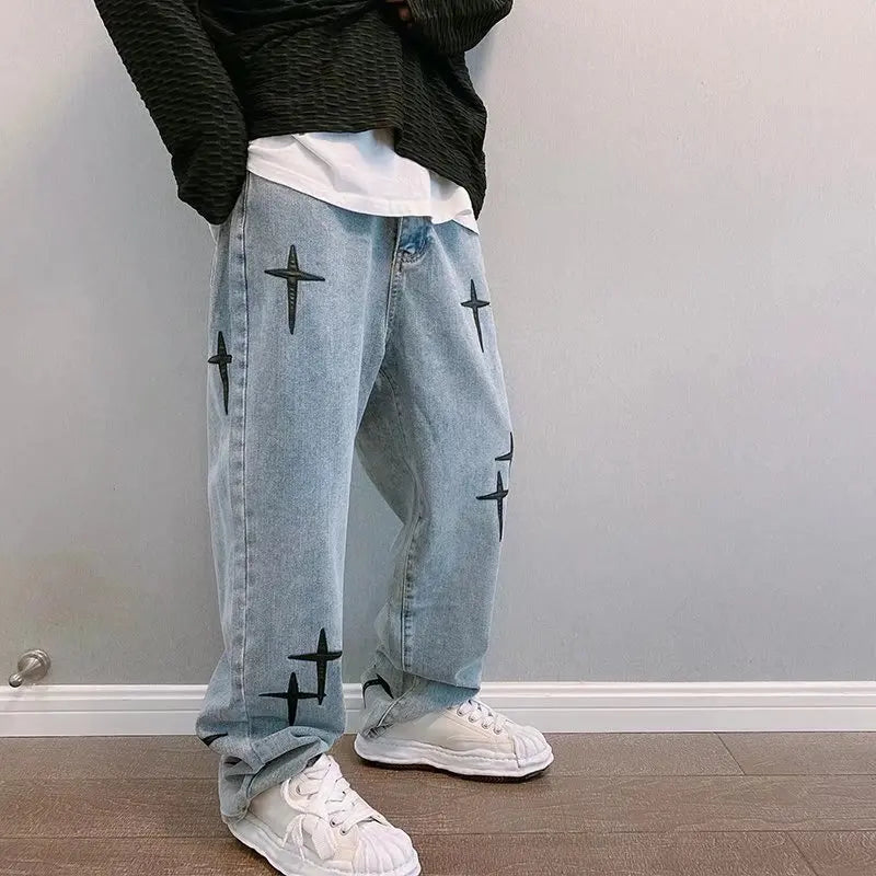 Mens Baggy Wide Leg Denim Cargo Pants Straight Fit