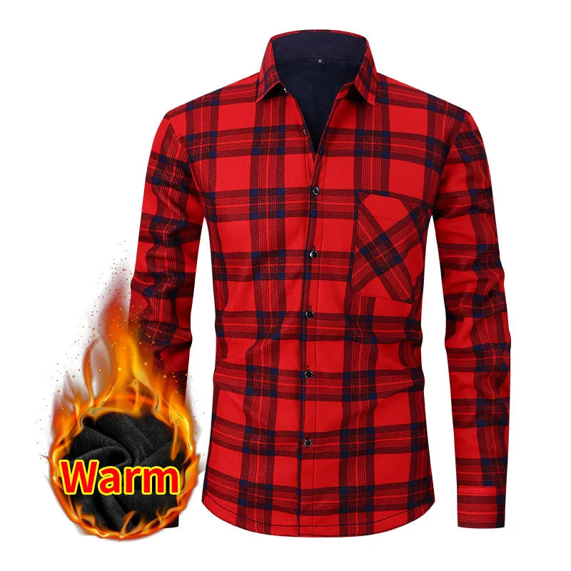 American size men's shirt long sleeve autumn winter warm plus fleece thickened plaid large size fashion free iron