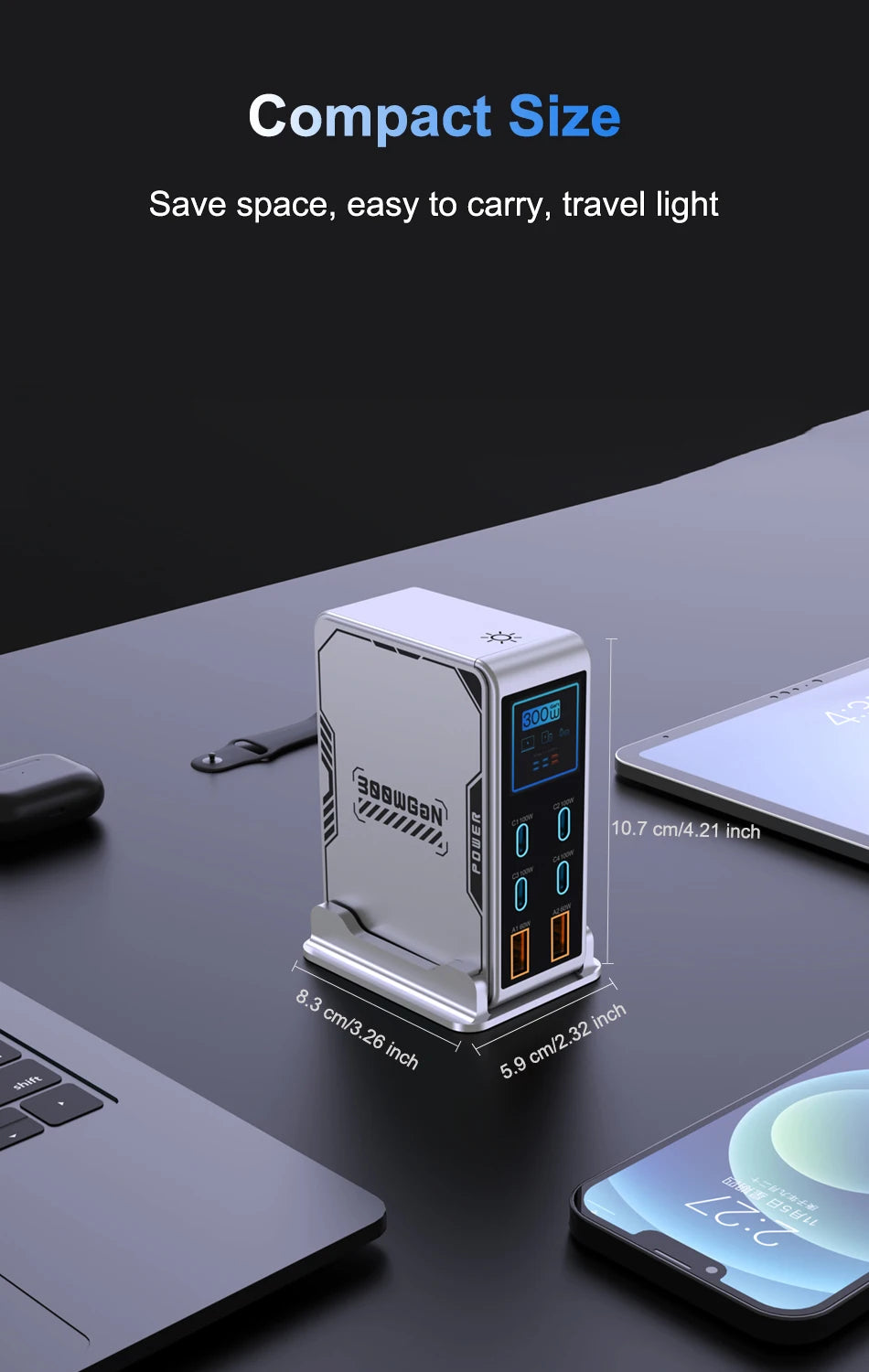 Ubigbuy 300W GaN Charger PPS PD 100W USB Type C 6-Port Digital Display Desktop Fast Charging Station for MacBook iPhone Samsung