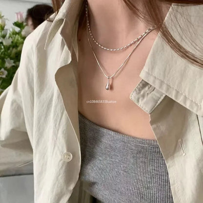 Silver Drop Pendant Necklace, Long Layered Double Collar Chain for Women