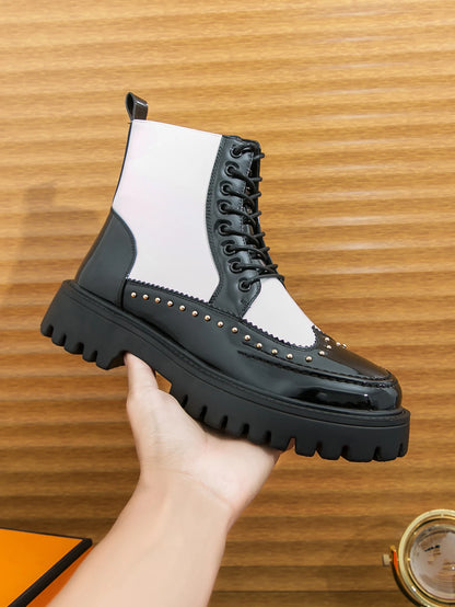 Men's Mid-Calf Leather Motorcycle Boots Pointed Toe Lace-Up