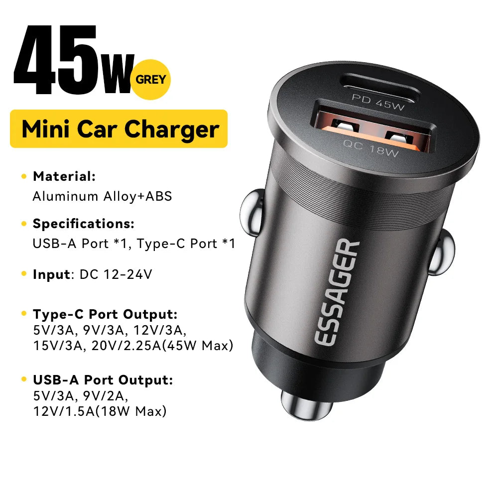 Essager 45W Mini USB Car Charger QC 3.0 PD 3.0 SCP AFC USB Type C Car Mobile Phone Charger For iPhone Huawei Samsung Xiaomi iPad