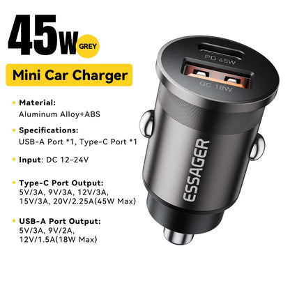45W USB Type-C Car Charger With QC 3.0 PD 3.0 SCP AFC