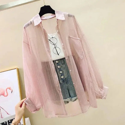 Chiffon See-Through Loose-Fit Long Blouse For Women