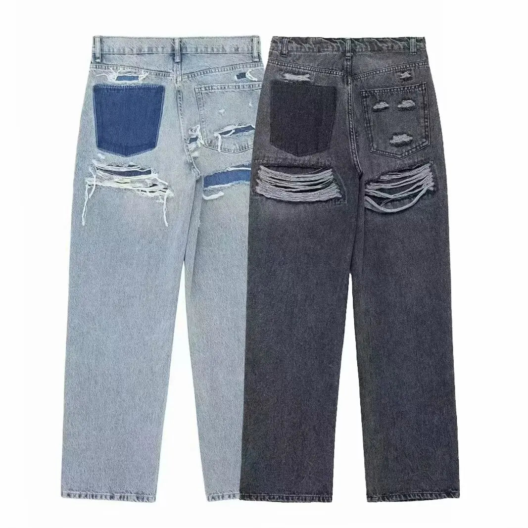 HH 2024 Women's Street Fashion Denim Blue Jeans Distressed Patchwork High Waist Zipper Fly Ripped Retro Long Pants