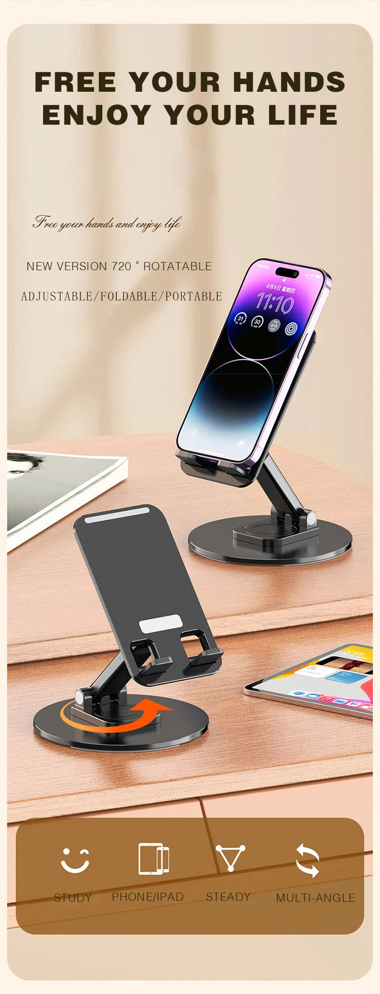 360 Degrees Rotable Metal Desk Mobile Phone Holder Stand For iPhone Xiaomi iPad Adjustable Desktop Tablet Table Cell Phone Stand