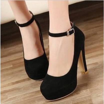 Platform Pumps Size 42 Black PU Ankle Buckle Shoes