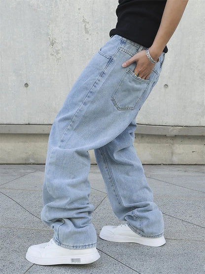 Men's Denim Baggy Jeans Loose Straight Wide Leg Trousers