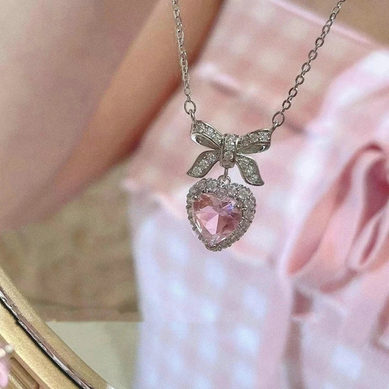 Fashion Pink Planet Heart Zircon Necklace Women Charm Aesthetic Clavicle Chain Necklace Valentines Day Gift Party Jewelry