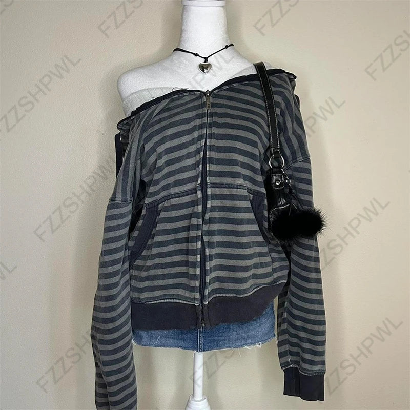 Women's 2025 Gothic Aesthetic Autumn Winter Fur Collar Hoodie Casual Slim Chic Design Cardigan Sweatshirt 2000s Harajuku Clothes