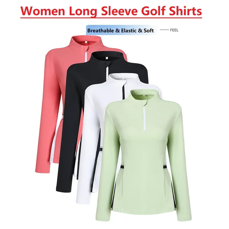 2025 New Golf Shirt Women Long Sleeve Zipper Collar T-Shirt Ladies Slim Pleated Golf Tops Breathable Casual Tennis Sportswear