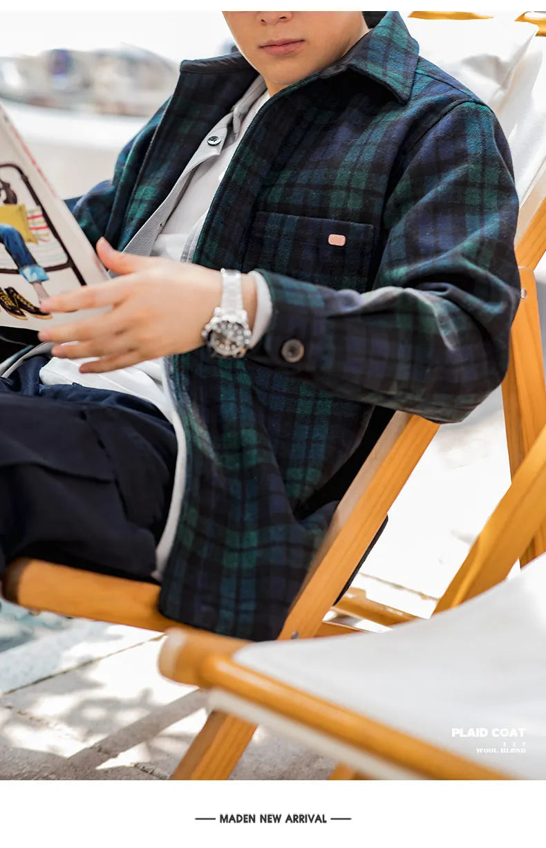 Maden American Retro Blue Green Plaid Wool Jacket Loose Thick Plaid Shirt Jacket Men's Coat Clothing Spring And Autumn