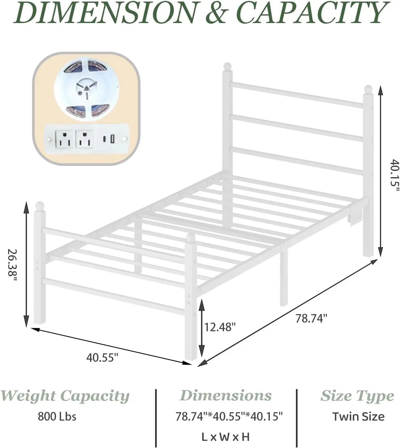 Twin Size Bed Frame with LED Lights & Charging Ports, Heavy Duty Metal Slats, Noise Free, Easy Assembly for Kids Room