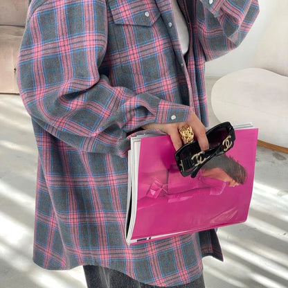 Oversized Plaid Shirt For Women Long Sleeve Button-Down Korean Style