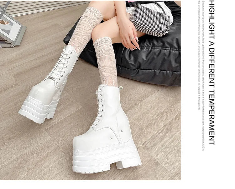 Height Increasing Women's High Boots Black Leather Thick Bottom Platform Shoes Side Zip Gothic Punk Short Boots Street Style