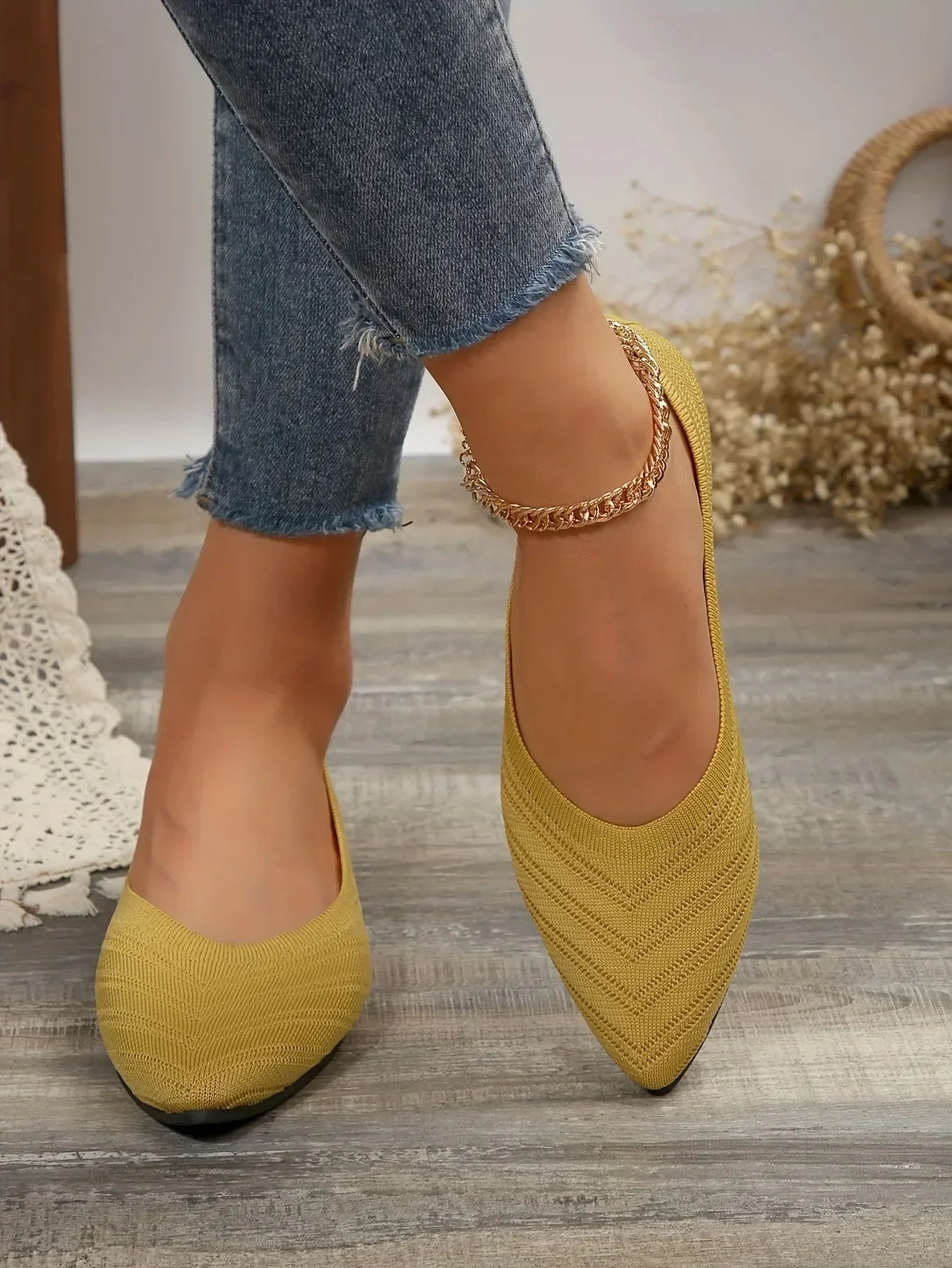 New 2024 Pointed Toe Flat Office Boat Solid Color Knitted Slip on Shoes Casual Ballet Flats Shoes Women Loafers Zapatos De Mujer