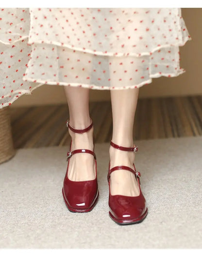 Leather Mary Jane Pumps Buckle Strap Shallow Square Toe High Heel Women