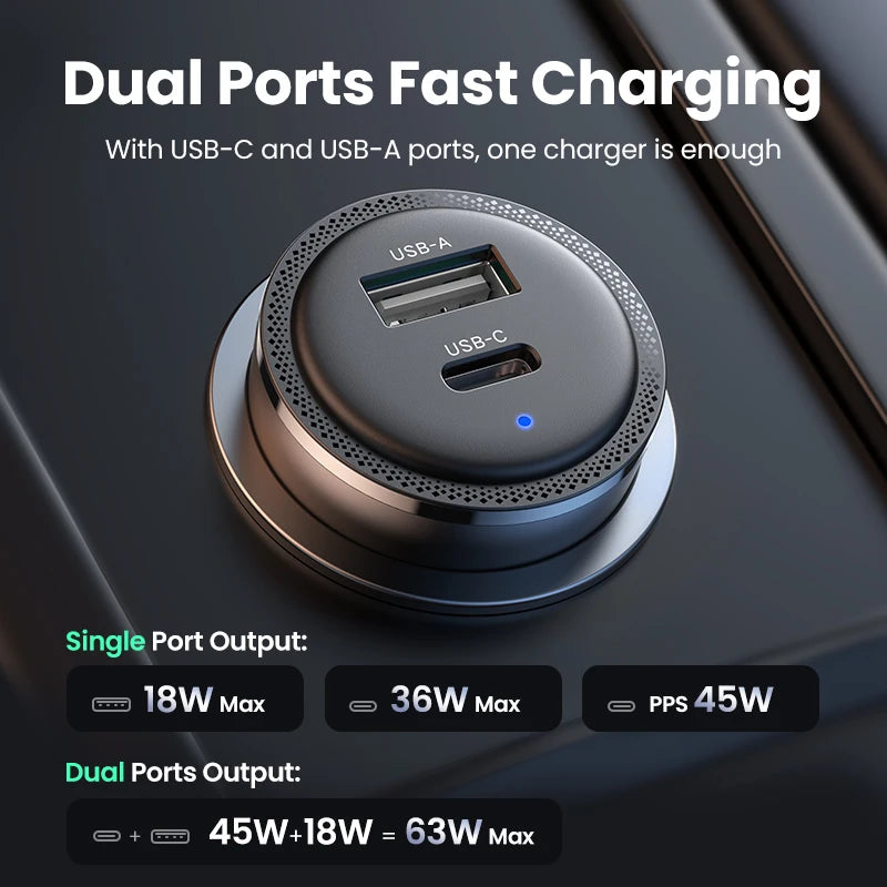 NEW in UGREEN 63W Car Charger PD QC 3.0 PPS 45W USB Type C Fast Charging for iPhone 17 16 Samsung Xiaomi Mobile Phone Charger