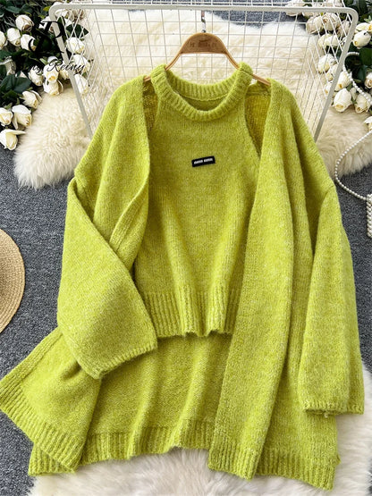 Womens Knit Cardigan Long Sleeves And Sleeveless Tank Top Set Polyester