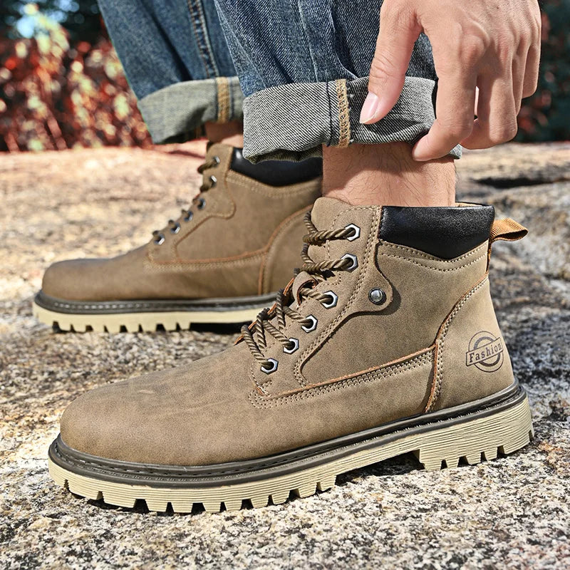 Leather Men Work Boots Mid Calf Ankle High Top Non Slip