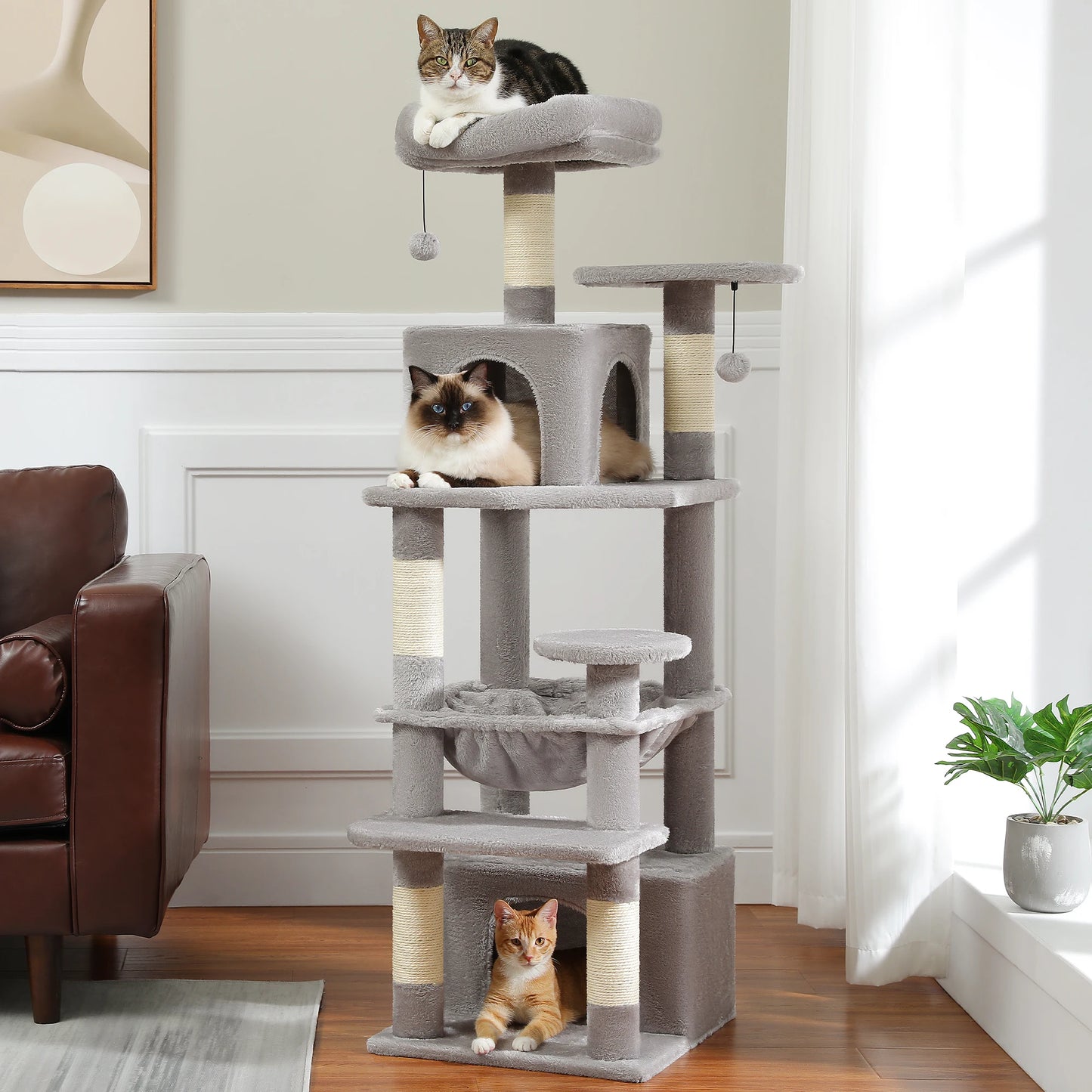 6-levels Cat Tree Tower with Joyful Pompom,Cozy Hammock,Double Condos,2 Top Perches,5 Scratching Posts Perfect for Indoor Cats
