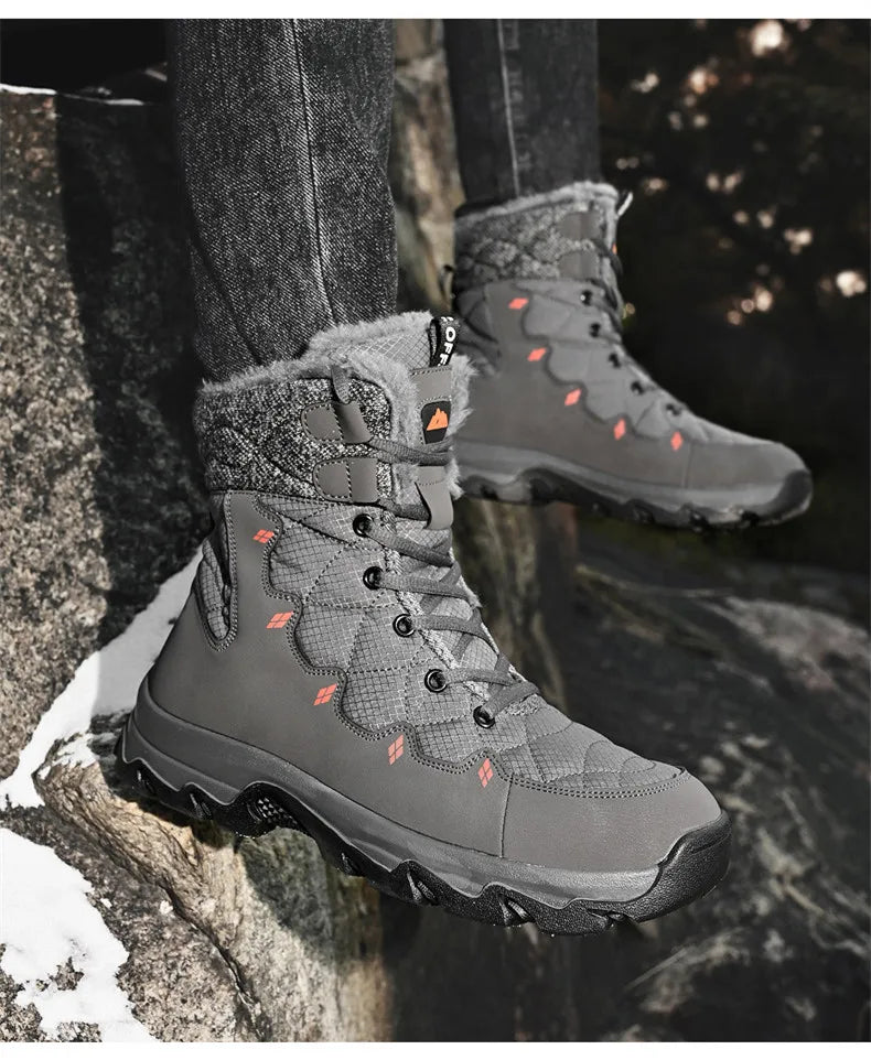 Men's Winter Snow Boots Leather Waterproof Mid-Calf Plush Lining Lace-Up